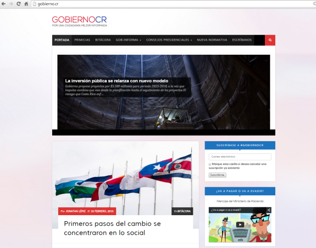 Aspecto que ofrece la pàgina inicial del nuevo medio del gobierno costaricense